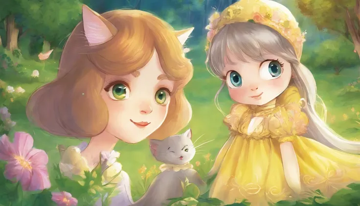 Meet in a sunny park、A girl and a cat staring at each other　Girls at the age of 10、I have chestnut hair　The cat has a light gray color　Fantastic and happy feelings　The overall design is classic.、The color is dark yellow　Picture book illustrations