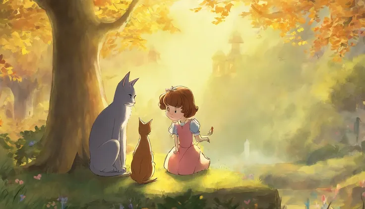 Meet in a sunny park、A girl and a cat staring at each other　Girls at the age of 10、I have chestnut hair　The cat has a light gray color　Fantastic and happy feelings　The overall design is classic.、The color is dark yellow　Picture book illustrations