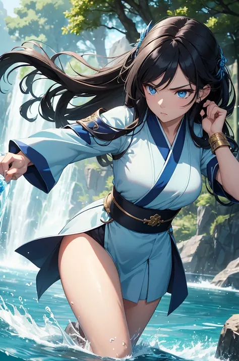 (masterpiece, best quality, highres) 1 waterbender with long black hair and blue eyes in an action pose looks ready to face her opponent. She wears a blue hanfu, golden bracelets. She is determined. Particules, forest lake, fantasy world,