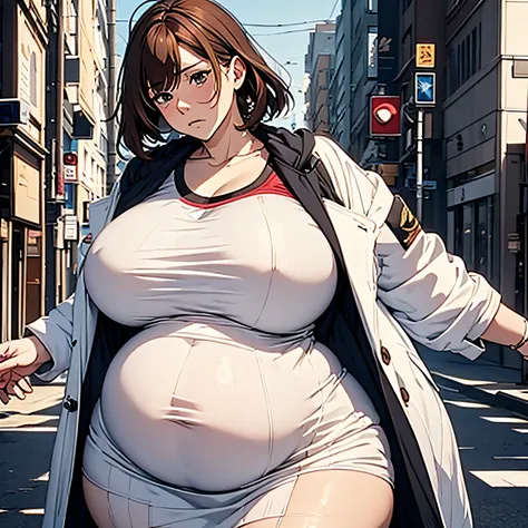 Very fat Woman Doctor, messy, white coat, upset face, big belly, anime style