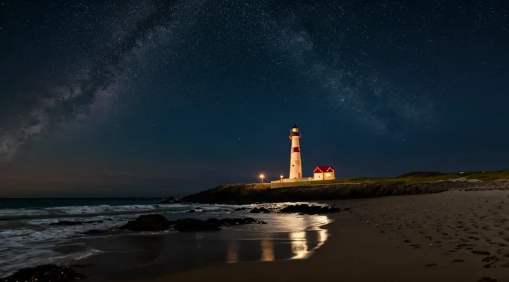 A single old red and white lighthouse on a deserted beach at night, costa da Noruega, Very dark sky with no moon, uma bela aurora boreal com cores vibrantes, 4k, altamente detalhado, farol ricamente detalhado, detalhes intrincados