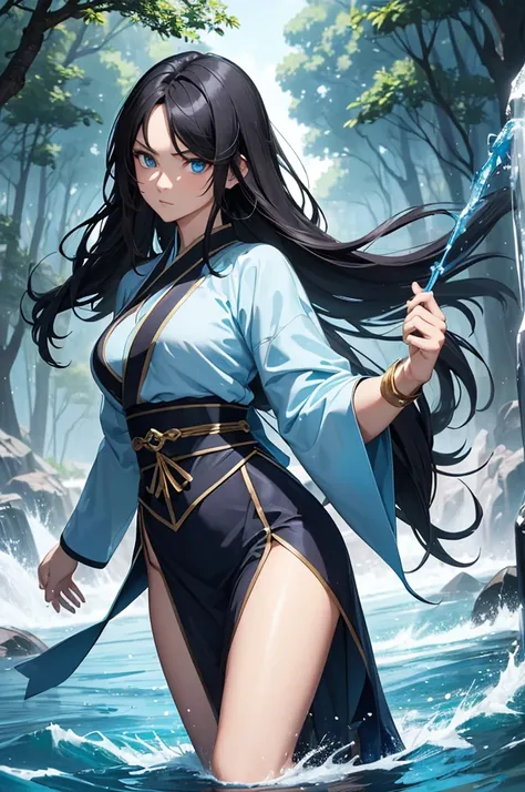 (Masterpiece, Best quality, high resolucion) 1 waterbender with long black hair and blue eyes in an action pose looks ready to face his opponent. Elle porte un hanfu bleu, Golden bracelets. It is determined. Particules, Forest Lake, Monde fantastique,