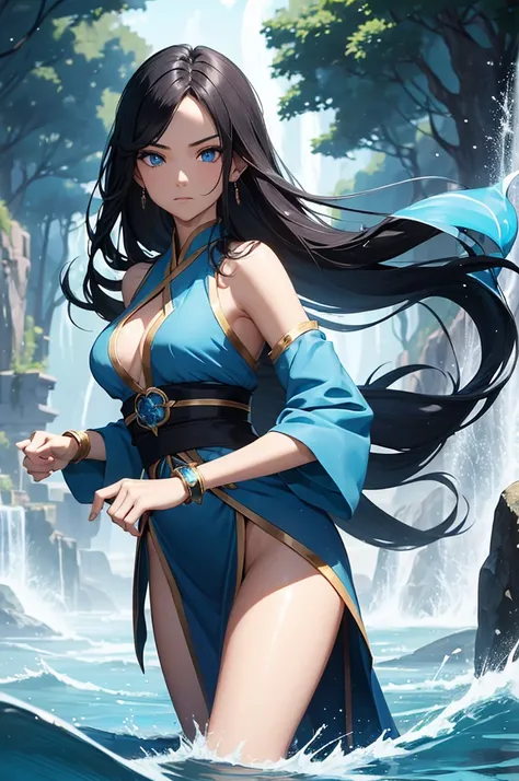 (Masterpiece, Best quality, high resolucion) 1 waterbender with long black hair and blue eyes in an action pose looks ready to face his opponent. Elle porte un hanfu bleu, Golden bracelets. It is determined. Particules, Forest Lake, Monde fantastique,