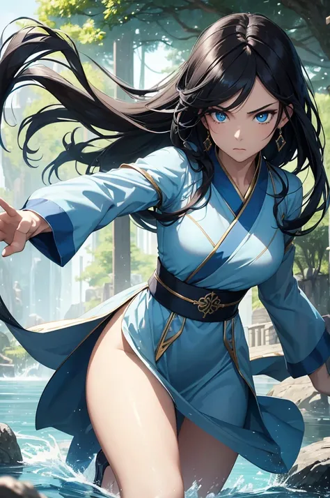 (Masterpiece, Best quality, high resolucion) 1 waterbender with long black hair and blue eyes in an action pose looks ready to face his opponent. Elle porte un hanfu bleu, Golden bracelets. It is determined. Particules, Forest Lake, Monde fantastique,