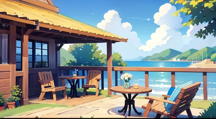 Beautiful landscape painting、Cafe terrace seating、blue-sky、ultra-quality、masutepiece、Natural Color、Dogs lounging