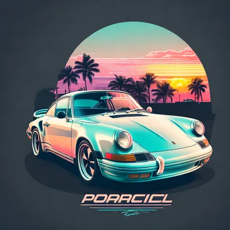 Artwork for t-shirt graphic design, a retro graphic design, porsche 911, miami street, soft four color color, vintage pastel tone, highly detailed clean, vector image, realistic masterpiece, professional photography, realistic car, simple car sunrise backg...