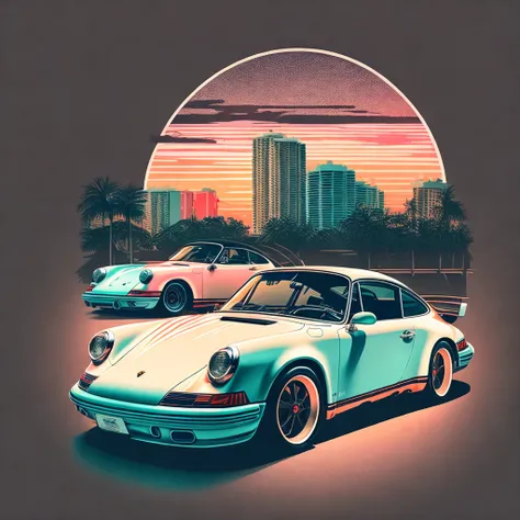 Artwork for t-shirt graphic design, a retro graphic design, porsche 911, miami street, soft four color color, vintage pastel tone, highly detailed clean, vector image, realistic masterpiece, professional photography, realistic car, simple car sunrise backg...