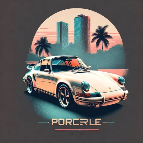 Artwork for t-shirt graphic design, a retro graphic design, porsche 911, miami street, soft four color color, vintage pastel tone, highly detailed clean, vector image, realistic masterpiece, professional photography, realistic car, simple car sunrise backg...