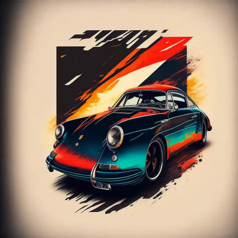 artwork of t-shirt graphic design, Vintage Graphic Design, Porsche 911 |, high level of detail, imagem vetorial, Uma obra-prima realista, Fotografado profissional, Fundo simples do nascer do sol do carro, Backgrounid branco, tricolor, Camisetas desenhadas ...