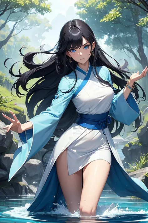 (Masterpiece, Best quality, high resolucion) 1 waterbender with long black hair and blue eyes in an action pose looks ready to face his opponent. Elle porte un hanfu blanc bleu, Golden bracelets. She is determined and uses her powers. Eau flottante, Partic...