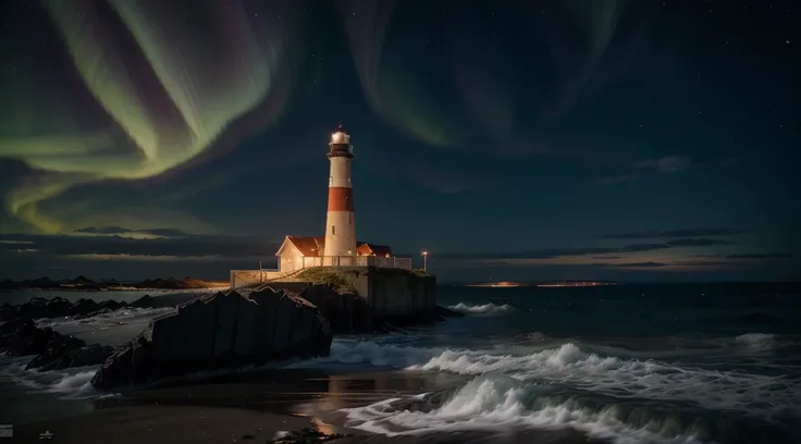 A single old red and white lighthouse on a deserted beach at night, coast of Norway, very dark sky with no moon, a beautiful northern lights with vibrant colors, wreckage of a sunken ship on the coast, 4k, highly detailed, richly detailed lighthouse, intri...