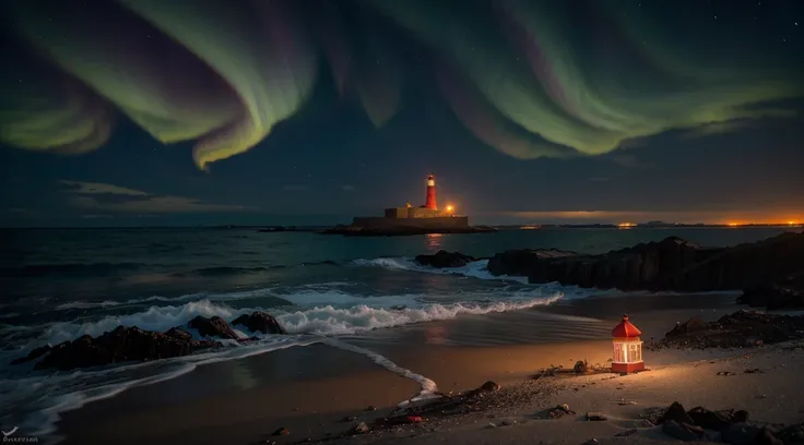 A single old red and white lighthouse on a deserted beach at night, coast of Norway, very dark sky with no moon, a beautiful northern lights with vibrant colors, wreckage of a sunken ship on the coast, 4k, highly detailed, richly detailed lighthouse, intri...