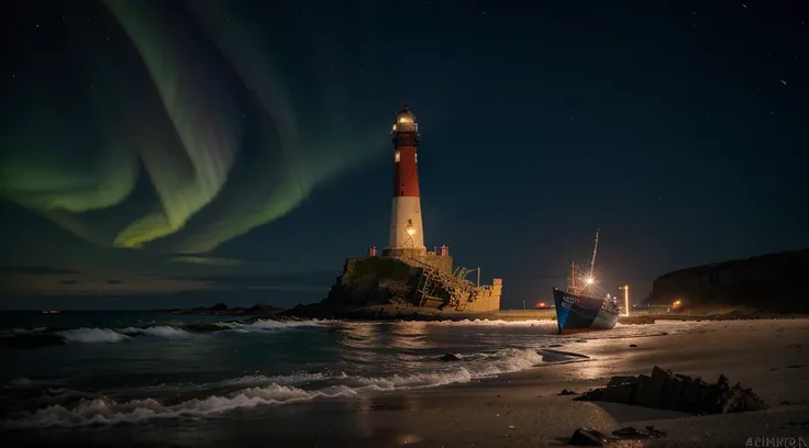 A single old red and white lighthouse on a deserted beach at night, coast of Norway, very dark sky with no moon, a beautiful northern lights with vibrant colors, wreckage of a sunken ship on the coast, 4k, highly detailed, richly detailed lighthouse, intri...