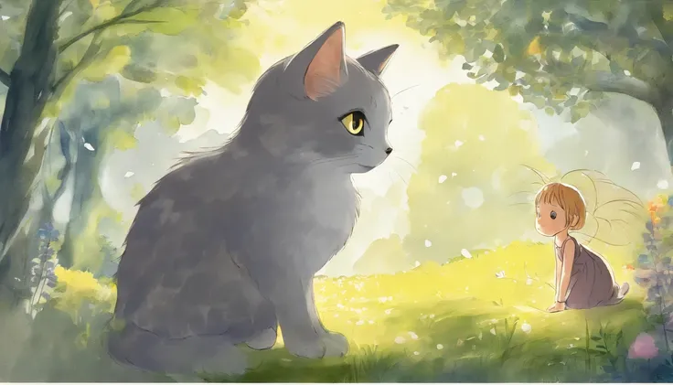 Meet in a sunny park、A girl staring at each other and a light gray cat　10years old girl、I have chestnut hair　Fantastic and happy feelings　watercolor paiting　The overall design is classic.、The color is dark yellow　Picture book illustrations