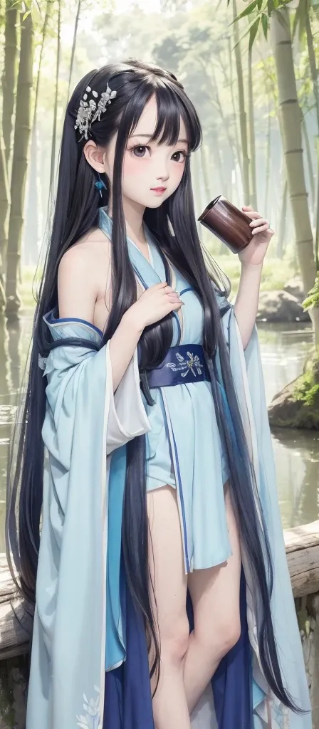 masterpiece, best quality, official art, 8k wallpaper, highly detailed, illustration, 1 girl, Azure hair, long hair, detailed eyes, forrest, bare shoulders, hanfu,lakes, pure, soft smile,bamboo,Tea