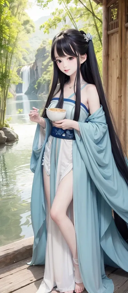 masterpiece, best quality, official art, 8k wallpaper, highly detailed, illustration, 1 girl, Azure hair, long hair, detailed eyes, forrest, bare shoulders, hanfu,lakes, pure, soft smile,bamboo,Tea