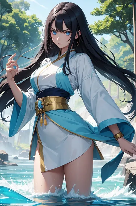 (Masterpiece, Best quality, high resolucion) 1 waterbender with long black hair and blue eyes in an action pose looks ready to face his opponent. Elle porte un hanfu blanc bleu, Golden bracelets. She is determined and uses her powers. Eau flottante, Partic...