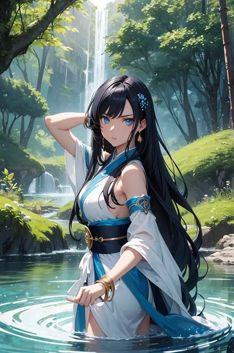 (Masterpiece, Best quality, high resolucion) 1 waterbender with long black hair and blue eyes in an action pose looks ready to face his opponent. Elle porte un hanfu blanc bleu, Golden bracelets. She is determined and uses her powers. Eau flottante, Partic...