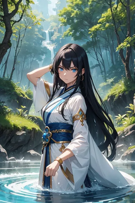 (Masterpiece, Best quality, high resolucion) 1 waterbender with long black hair and blue eyes in an action pose looks ready to face his opponent. Elle porte un hanfu blanc bleu, Golden bracelets. She is determined and uses her powers. Eau flottante, Partic...