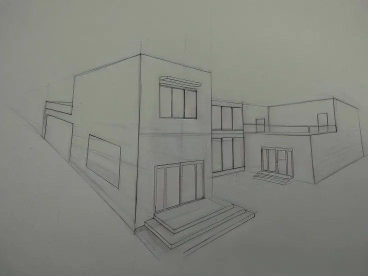 a close up of a drawing of a house with a staircase, two point perspective, 2 point perspective, 2 - point perspective, two-point perspective, 3 d point perspective, single point perspective, 3 point perspective, 3-point perspective, three point perspectiv...