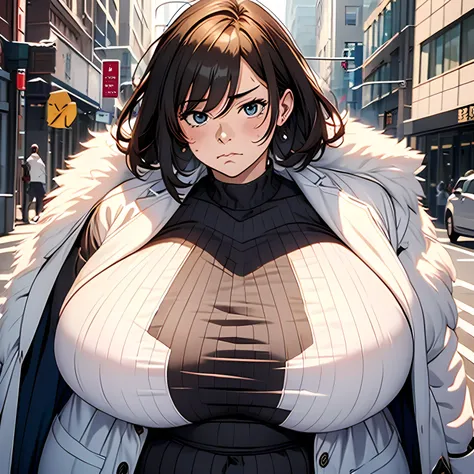 Very fat Woman Doctor, messy, gross, white coat, upset face, big belly, anime style.