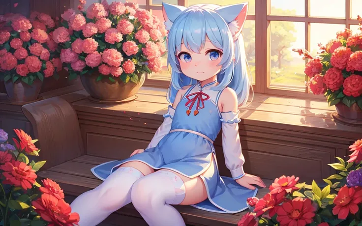 A cute light blue loli cat anthropomorphizes，Wearing a gorgeous white cheongsam and white stockings，Sit in a sea of red flowers。Her tiny body leaned forward，The face is shy, Indifferent eyes。This 8k HDR image brings out the best characters with vibrant col...