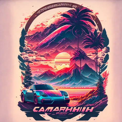 design de camisetas, Genshin Impact Chart, vetor, a Porsche Cyenne with a scenic landscape in the background, Detailed illustration, and retro style