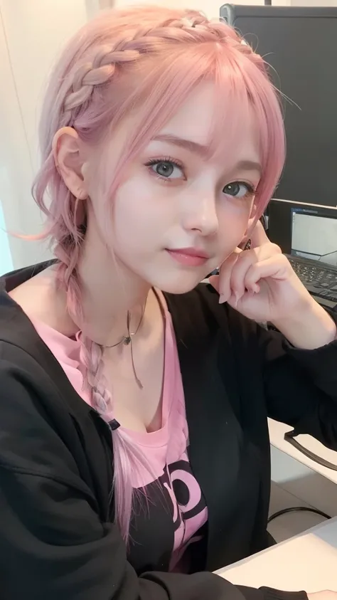 Photo of a woman working on a computer , freelancer , gamer ,Cute Girl ,A smile、Two-way computer , Take a look at your computer , Thinking, With short pink hair, jovana rikalo, full subject shown in photo, professional image , Wide Portrait, young business...