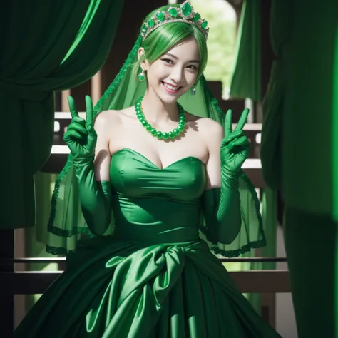 emerald tiara, Green Pearl Necklace, Boyish very short green hair, lipsticks, Japan woman smiling, very short short hair, big breasts beautiful, Green eyes, Long green gloves made of satin material, Green eyes, v sign,V-sign with both hands, Emerald Earrin...