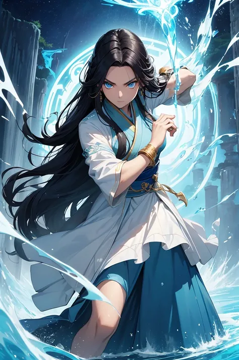 (Masterpiece, Best quality, high resolucion, affiche de film) 1 waterbender with long black hair and blue eyes in an action pose looks ready to face his opponent. Elle porte un hanfu blanc bleu, Golden bracelets. She is determined and uses her powers. Eau ...