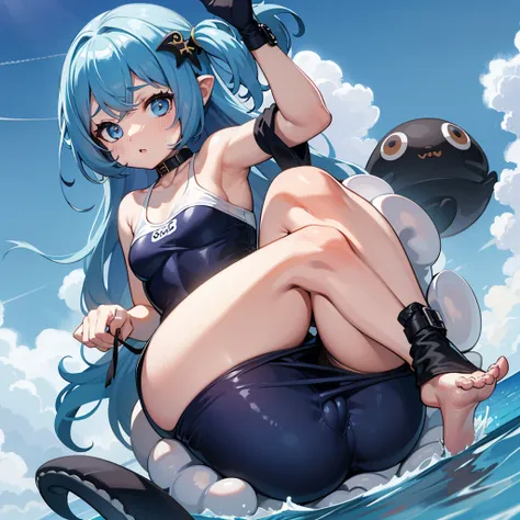 Agile swimsuit、cabelos curtos、messy blue hair、small head、grandes olhos azuis、Olhar desesperado、Teary、Yodare、Adorable A Girl、Polvo Gigante、multiple eyes、Pernas de polvo gigantes saltam sobre uma menina、A giant octopus foot attacks a girls crotch、Ahe Menina ...