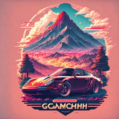 design de camisetas, Genshin Impact Chart, vetor, a Porsche Cyenne with a scenic landscape in the background, Detailed illustration, and retro style