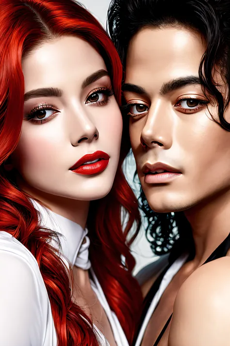 Michael Jackson whit white skin, with a completely perfect, beautiful face, kissing a beautiful woman with red hair, cinematic realistic style, UHD quality.