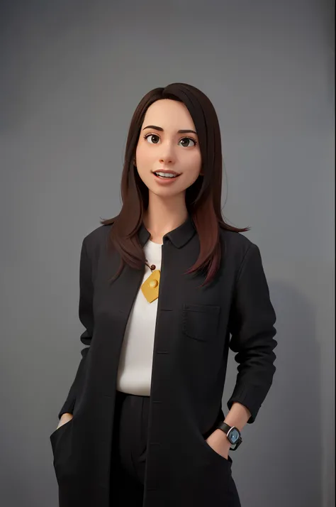 Um mulher moderna, 26 anos, de jaleco preto, com cabelo ondulado longo e moreno, Background of a dental office, cartaz da pixar, alta qualidade