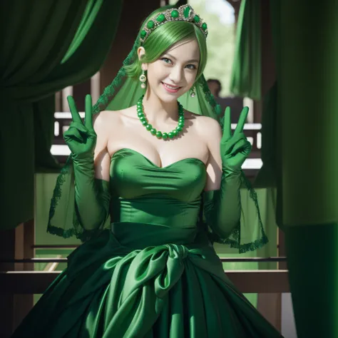 emerald tiara, Green Pearl Necklace, Boyish very short green hair, lipsticks, Japan woman smiling, very short short hair, big breasts beautiful, Green eyes, Long green gloves made of satin material, Green eyes, v sign,V-sign with both hands, Emerald Earrin...