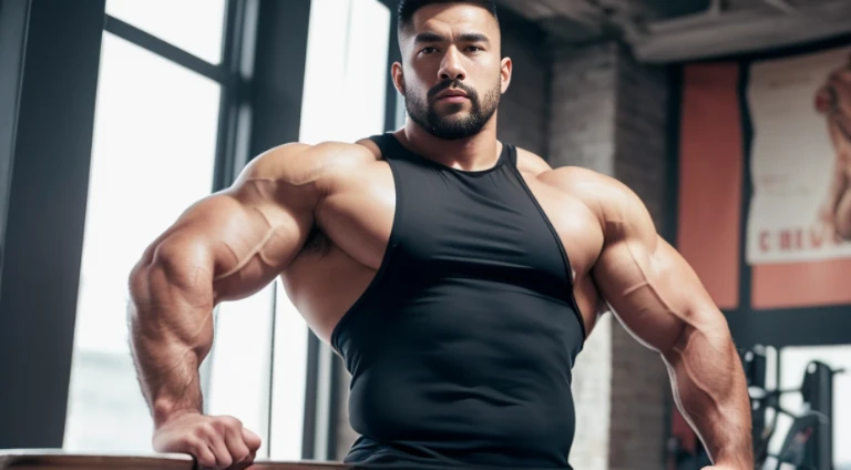 (Very detailed 8k wallpaper), Strong Asian Men, At the gym, high detailing, buzzcut, very large and strong body, bulging muscles, well-muscled, very large pectoral muscles. Very sexy abs, legs are muscular, Toned figure, lightens oily skin, muscular, Tank ...