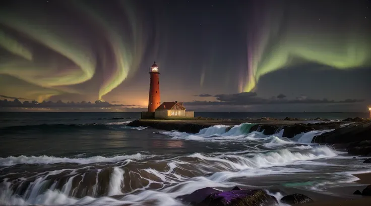 long exposure photograph, A single old red and white lighthouse on a deserted beach at night, costa da Noruega, Very dark sky with no moon, uma bela aurora boreal com cores vibrantes(Aurora with intense and vibrant colors of green and purple), Wreckage of ...