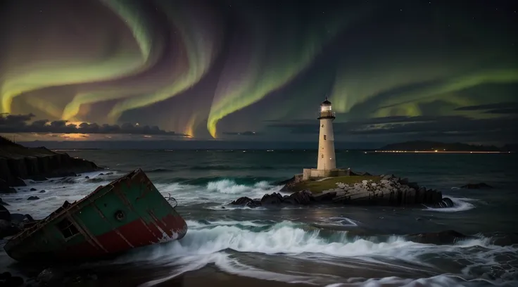 long exposure photograph, A single old red and white lighthouse on a deserted beach at night, costa da Noruega, Very dark sky with no moon, uma bela aurora boreal com cores vibrantes(Aurora with intense and vibrant colors of green and purple), Wreckage of ...