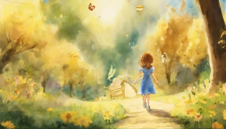 Little girl walking in a sunny park　10years old girl、I have chestnut hair　Fantastic and happy feelings　watercolor paiting　The overall design is classic.、The color is dark yellow　Picture book illustrations