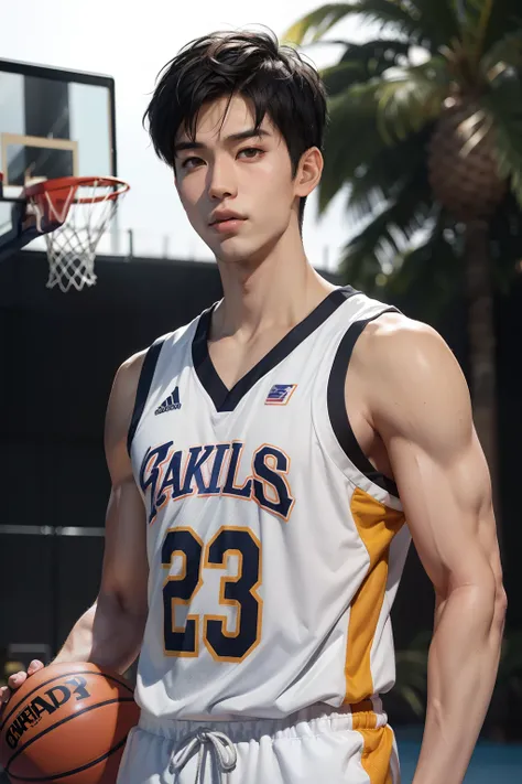 Asian male, basketball player, handsome, dark hair, 25 years old, white skin, sweats a lot, muscular, clear veins, charming, wears basketball uniform, sleeveless shirt, very short pants, Basketball court, evening sun, looking at me, gentle eyes , High imag...