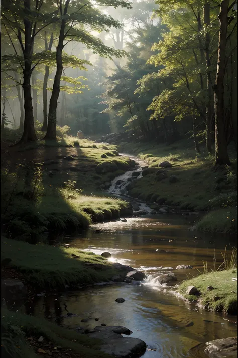 Oil painting. Realistic environment, a little dark and tense. a natural stone path and a small stream flows through large stones into a large puddle in front of us. to the clearing. Deaf, forested area. Lots of details. Pronounced sun rays. Light fog.