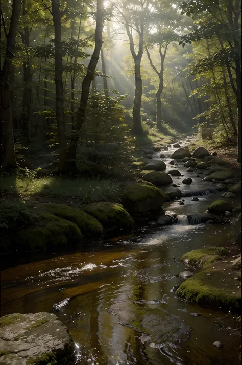 Oil painting. Realistic environment, a little dark and tense. a natural stone path and a small stream flows through large stones into a large puddle in front of us. to the clearing. Deaf, forested area. Lots of details. Pronounced sun rays. Light fog.