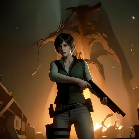 4K, HD, ( Rebecca Chambers 40 years old)), beautiful face, glare, bob hair, perfect Face, black jeans, green vest, black nail polish