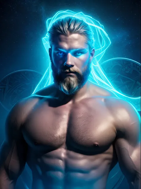 Neon fractal holographic astralism of a heavenly handsome Viking Warrior, strong man, chroma shifted icy blue to ghostly white, ethereal, mystical and intense