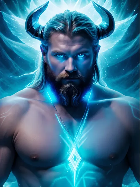 Neon fractal holographic astralism of a heavenly handsome Viking Warrior, strong man, chroma shifted icy blue to ghostly white, ethereal, mystical and intense