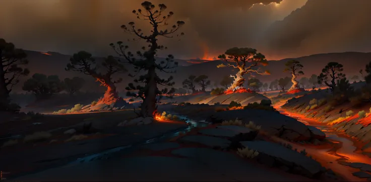 There is a very large lava field，There is a tree inside, scorched earth, Hellscape, Lava in the background, lava river, Scorched desert, Hell background, Beautiful lava landscape, ! apocalypse landscape!!, flowing lava and ash piles, lava streams, Lava and...