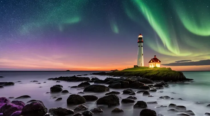 long exposure photograph, A single old red and white lighthouse on a deserted beach at night, costa da Noruega, Very dark sky with no moon, uma bela aurora boreal com cores vibrantes(Aurora with intense and vibrant colors of green and purple), Wreckage of ...