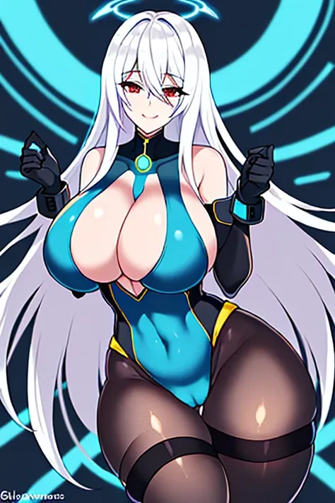 Anime style, large breasts, breasts, wide hips, thick thighs, hourglass figure, white hair, long hair, red eyes, bodysuit, black bodysuit, blue neon trim, neon trim, pantyhose, black pantyhose, shoulder armor, futuristic, science-fiction, machinery, tech, ...