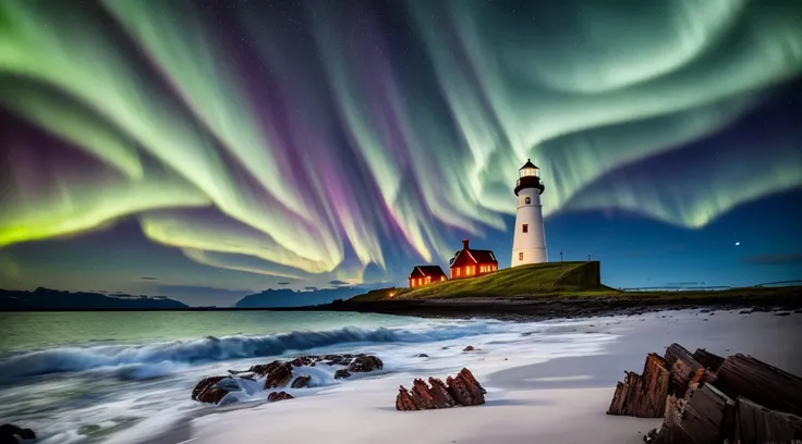 (best quality, master piece: 1.1), (Fidelity: 1.4), 1 old red and white lighthouse on a deserted beach at night, coast of Norway, very dark sky with no moon, a beautiful aurora borealis with vibrant colors, wreckage of a shipwreck on the coast, 4k, highly ...