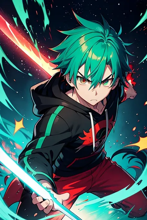 anime boy, with turquoise hair, red and green eye, black hoodie, trigger anime artstyle, an epic anime of a small strong man, best quality, 8k, fanart, fighting stance energy, flying from fired planet, sword in hand